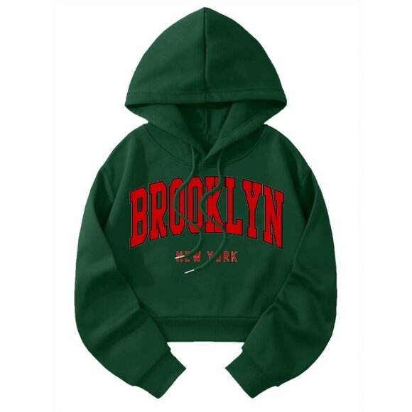 Tops - Women’s Cropped Hoodie Green Red Brooklyn Long Sleeve Drawstring Casual